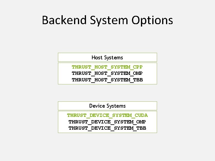 Backend System Options Host Systems THRUST_HOST_SYSTEM_CPP THRUST_HOST_SYSTEM_OMP THRUST_HOST_SYSTEM_TBB Device Systems THRUST_DEVICE_SYSTEM_CUDA THRUST_DEVICE_SYSTEM_OMP THRUST_DEVICE_SYSTEM_TBB 