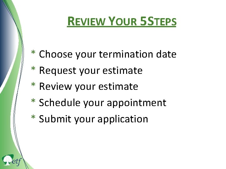 REVIEW YOUR 5 STEPS * Choose your termination date * Request your estimate *