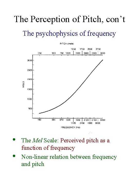The Perception of Pitch, con’t The psychophysics of frequency • • The Mel Scale: