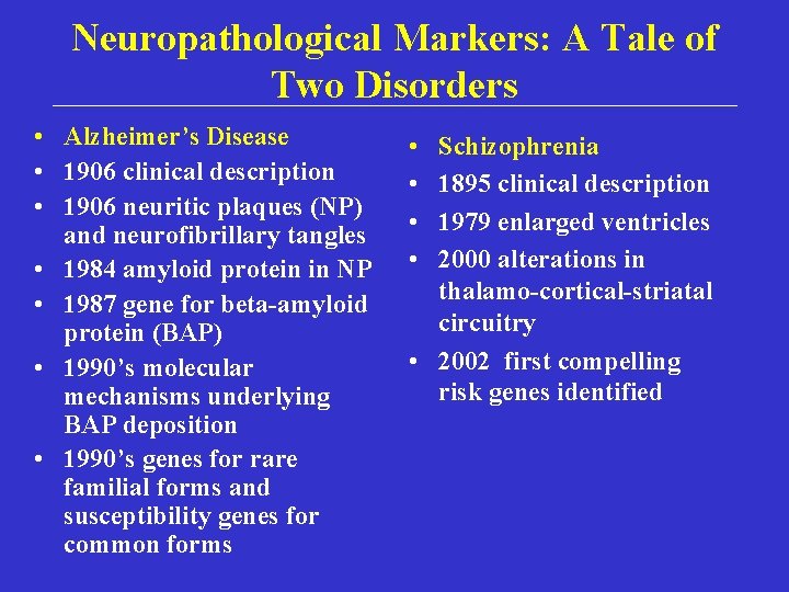 Neuropathological Markers: A Tale of Two Disorders • Alzheimer’s Disease • 1906 clinical description