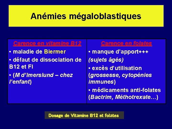 Anémies mégaloblastiques Anémies macrocytaires Carence en vitamine B 12 • maladie de Biermer •