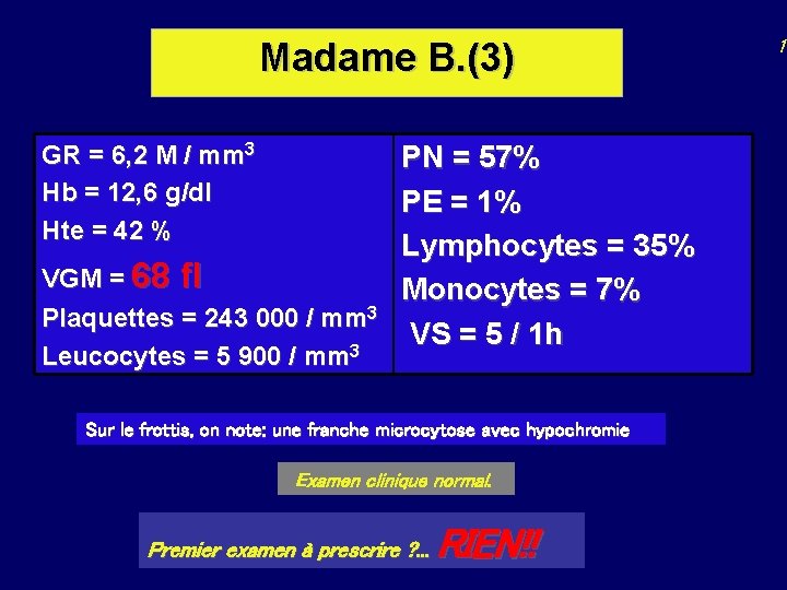 Madame B. (3) GR = 6, 2 M / mm 3 Hb = 12,