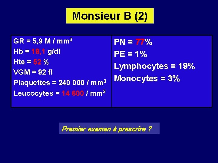 Monsieur B (2) GR = 5, 9 M / mm 3 Hb = 18,