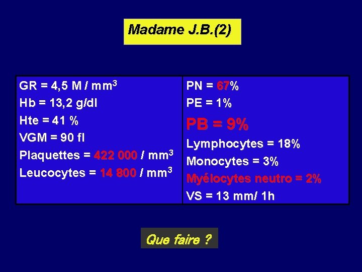 Madame J. B. (2) GR = 4, 5 M / mm 3 Hb =