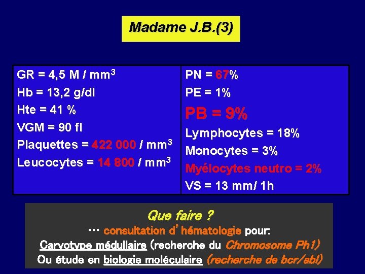 Madame J. B. (3) GR = 4, 5 M / mm 3 Hb =