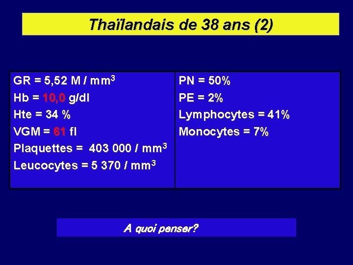 Thaïlandais de 38 ans (2) GR = 5, 52 M / mm 3 Hb