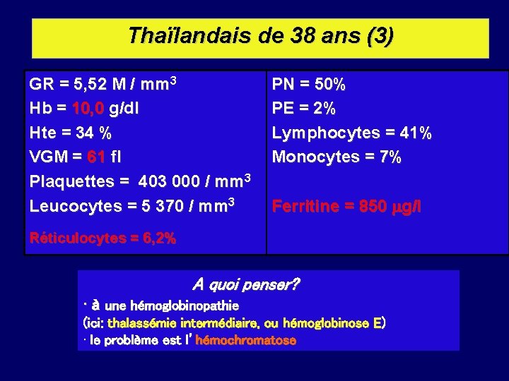 Thaïlandais de 38 ans (3) GR = 5, 52 M / mm 3 Hb