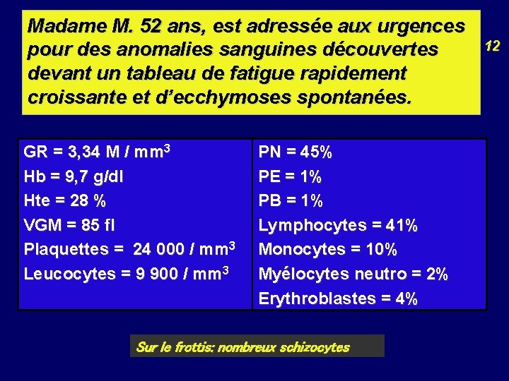 Madame M. 52 ans, est adressée aux urgences pour des anomalies sanguines découvertes devant