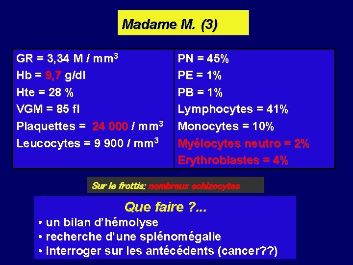 Madame M. (3) GR = 3, 34 M / mm 3 Hb = 9,