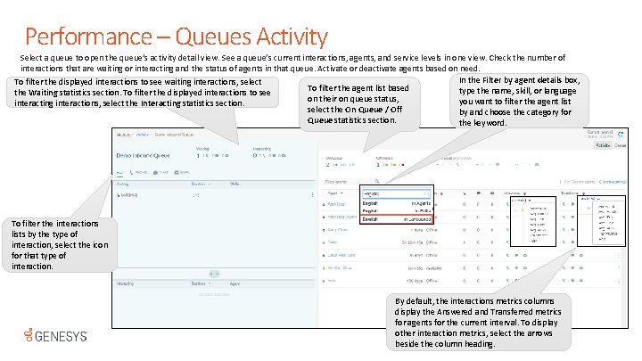Performance – Queues Activity Select a queue to open the queue’s activity detail view.