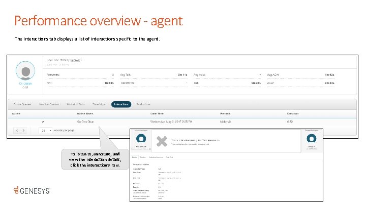 Performance overview - agent The Interactions tab displays a list of interactions specific to