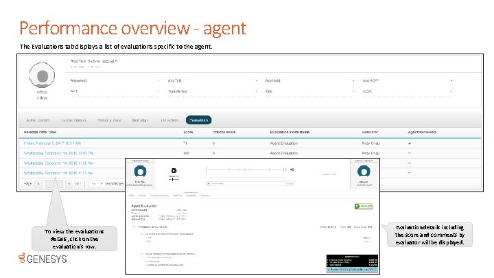 Performance overview - agent The Evaluations tab displays a list of evaluations specific to
