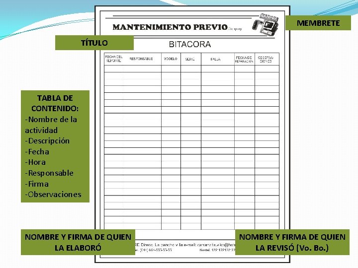 MEMBRETE TÍTULO TABLA DE CONTENIDO: -Nombre de la actividad -Descripción -Fecha -Hora -Responsable -Firma