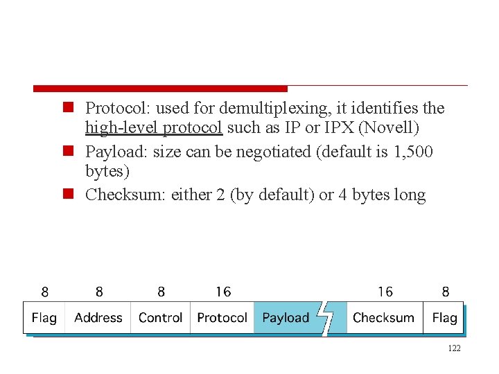 n Protocol: used for demultiplexing, it identifies the high-level protocol such as IP or