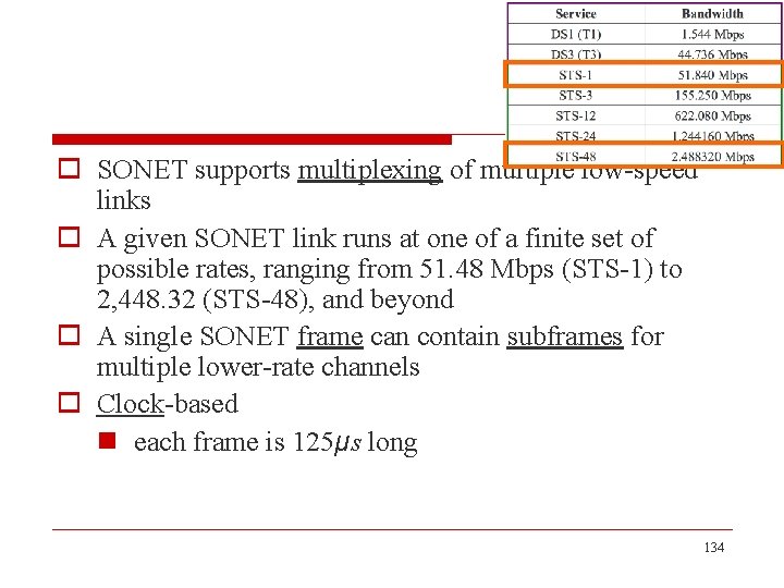 o SONET supports multiplexing of multiple low-speed links o A given SONET link runs