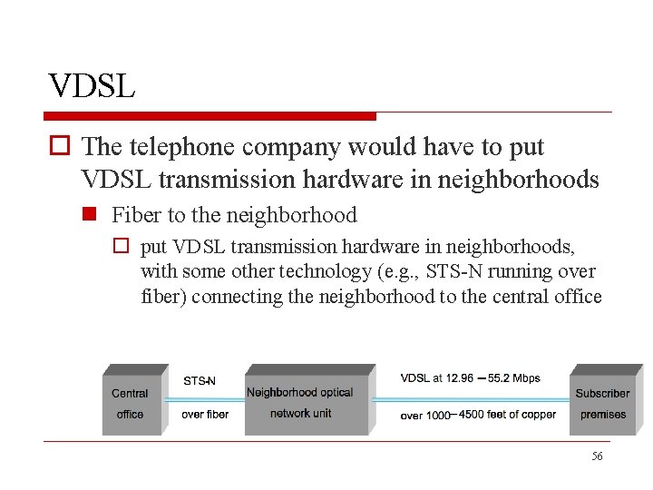 VDSL o The telephone company would have to put VDSL transmission hardware in neighborhoods