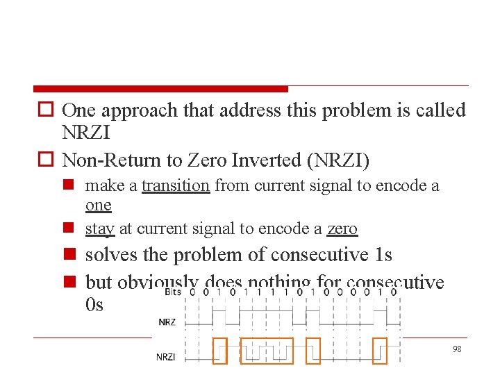 o One approach that address this problem is called NRZI o Non-Return to Zero