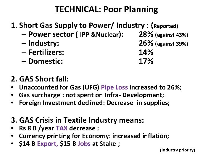 TECHNICAL: Poor Planning 1. Short Gas Supply to Power/ Industry : (Reported) 1. –