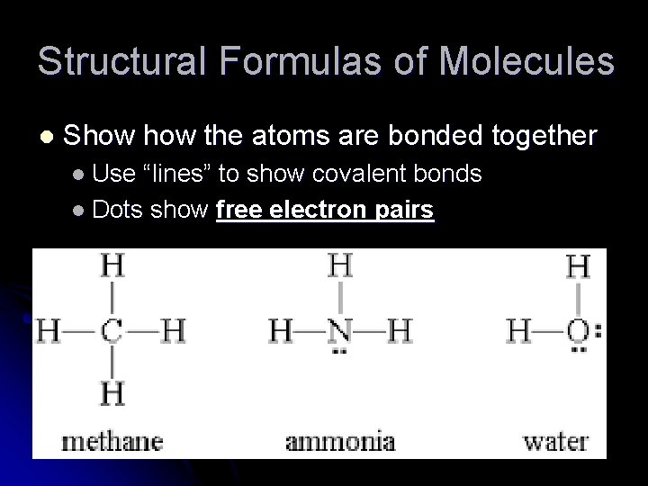 Structural Formulas of Molecules l Show the atoms are bonded together l Use “lines”