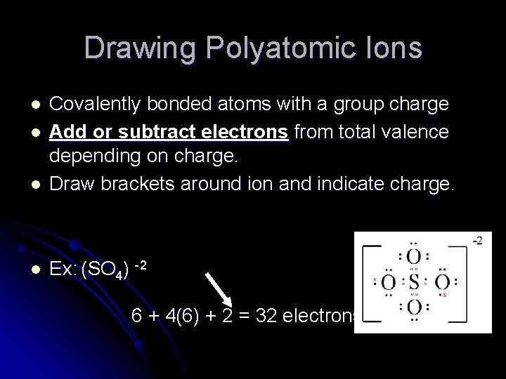 Drawing Polyatomic Ions l Covalently bonded atoms with a group charge Add or subtract