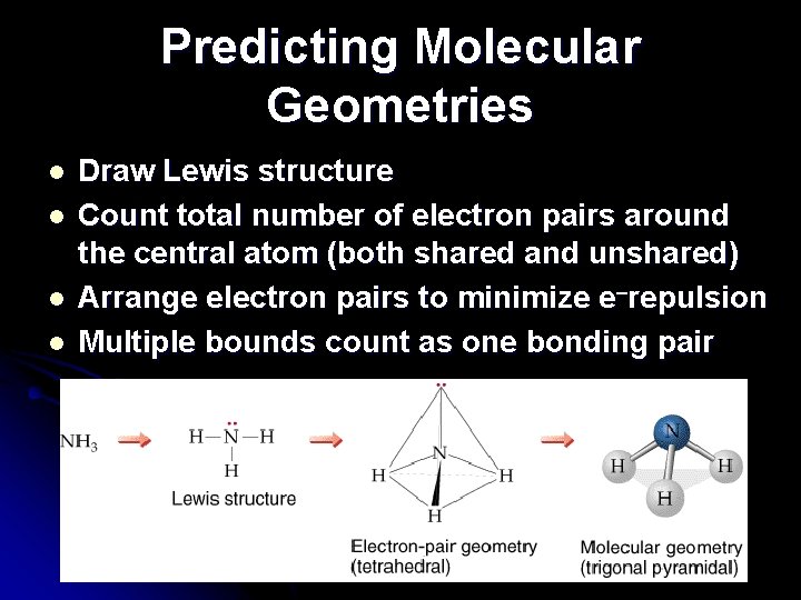 Predicting Molecular Geometries l l Draw Lewis structure Count total number of electron pairs