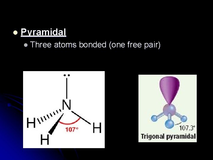 l Pyramidal l Three atoms bonded (one free pair) 