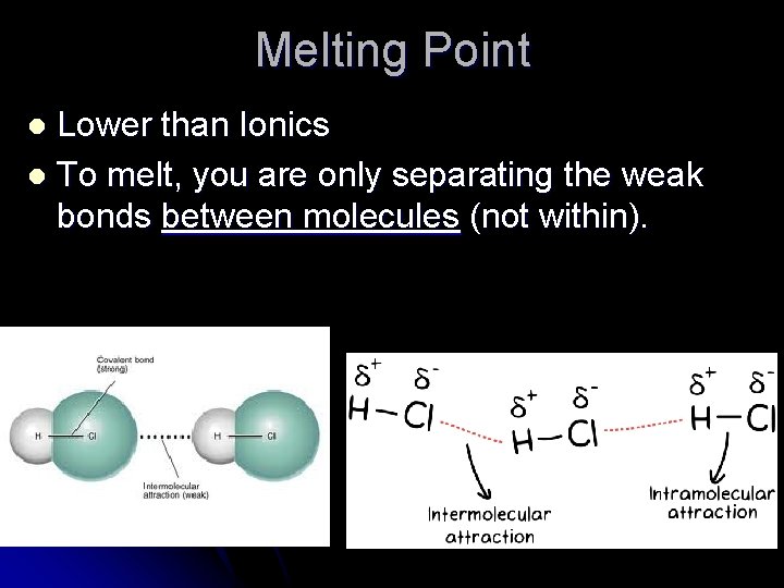 Melting Point Lower than Ionics l To melt, you are only separating the weak