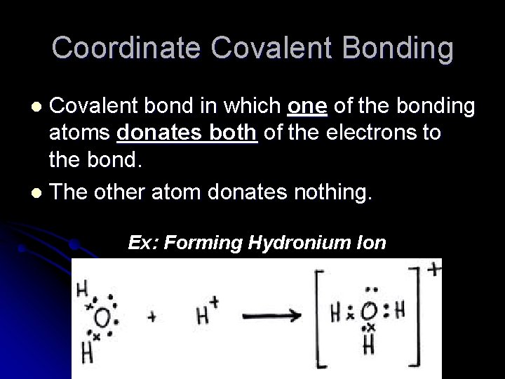 Coordinate Covalent Bonding Covalent bond in which one of the bonding atoms donates both