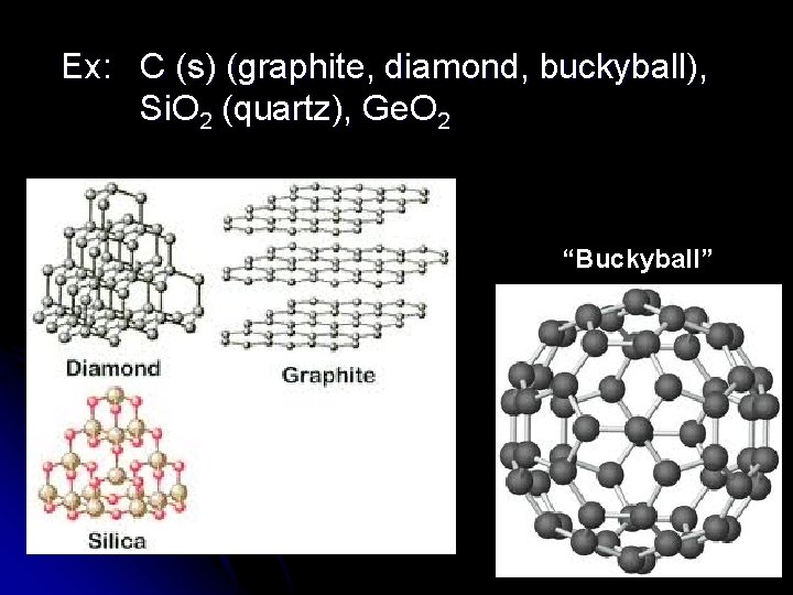 Ex: C (s) (graphite, diamond, buckyball), Si. O 2 (quartz), Ge. O 2 “Buckyball”