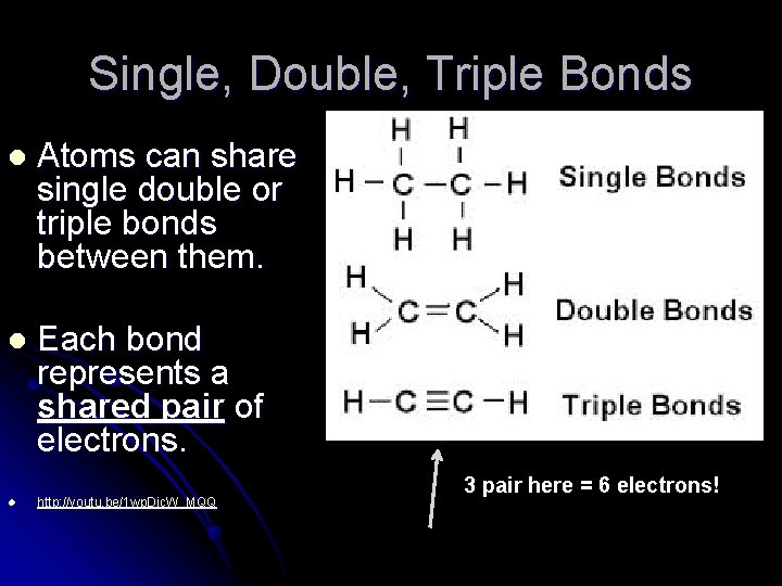 Single, Double, Triple Bonds l Atoms can share single double or triple bonds between