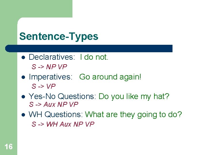 Sentence-Types l Declaratives: I do not. S -> NP VP l Imperatives: Go around