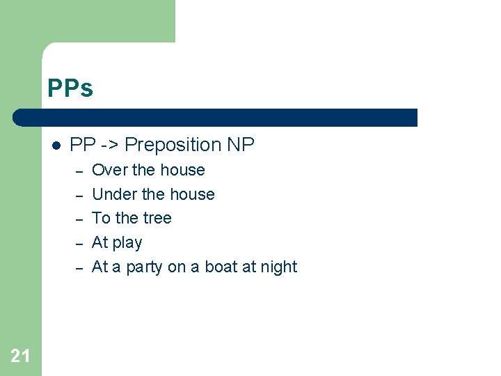 PPs l PP -> Preposition NP – – – 21 Over the house Under