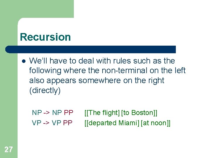 Recursion l We’ll have to deal with rules such as the following where the