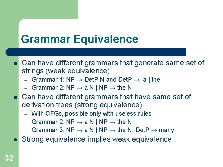 Grammar Equivalence l Can have different grammars that generate same set of strings (weak