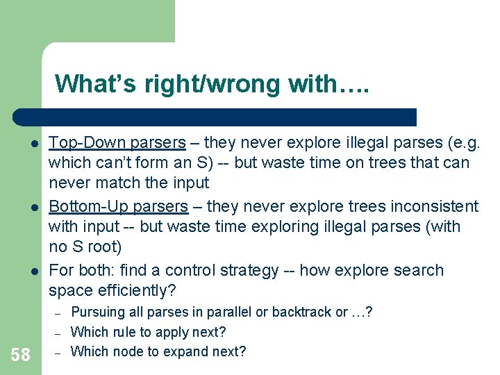 What’s right/wrong with…. l l l Top-Down parsers – they never explore illegal parses