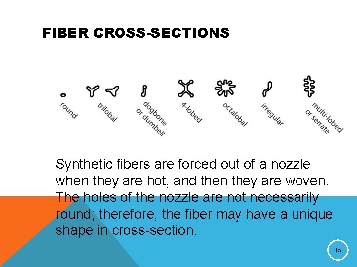 FIBER CROSS-SECTIONS Synthetic fibers are forced out of a nozzle when they are hot,