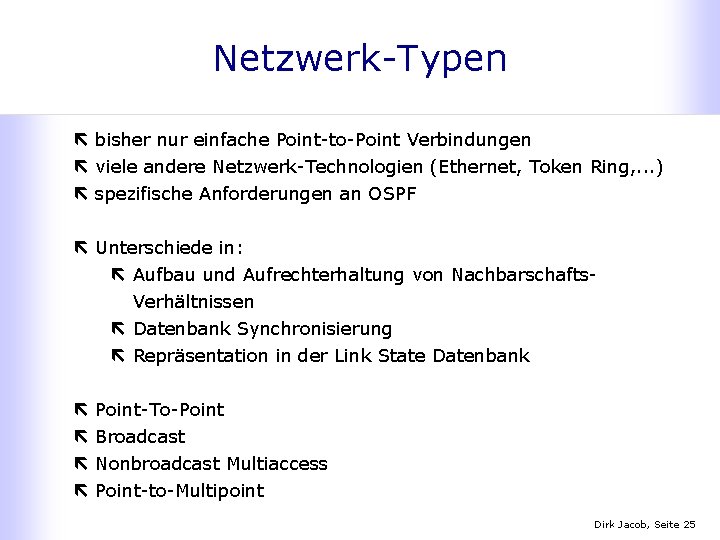 Netzwerk-Typen ë bisher nur einfache Point-to-Point Verbindungen ë viele andere Netzwerk-Technologien (Ethernet, Token Ring,