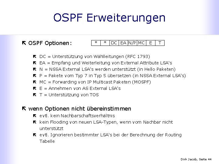 OSPF Erweiterungen ë OSPF Optionen: ë ë ë ë * * DC EA N/P