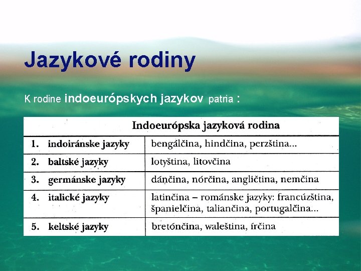 Jazykové rodiny K rodine indoeurópskych jazykov patria : 