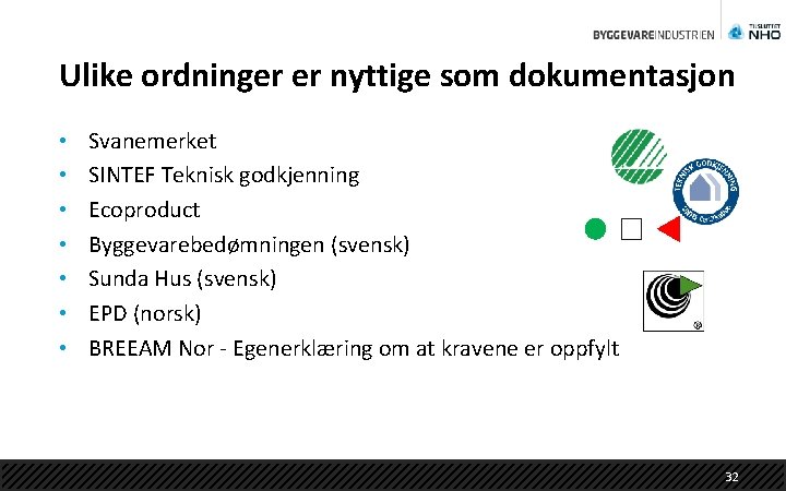 Ulike ordninger er nyttige som dokumentasjon • • Svanemerket SINTEF Teknisk godkjenning Ecoproduct Byggevarebedømningen