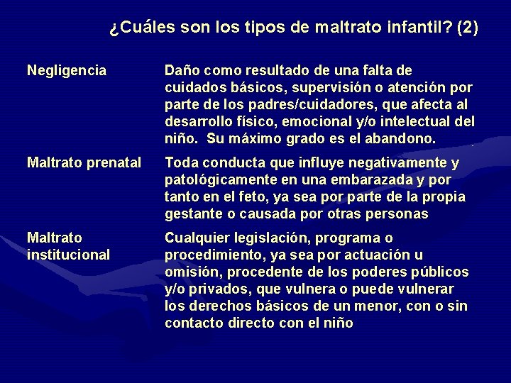 ¿Cuáles son los tipos de maltrato infantil? (2) Negligencia Daño como resultado de una