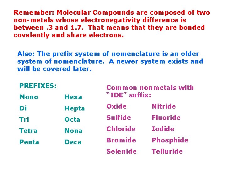Remember: Molecular Compounds are composed of two non-metals whose electronegativity difference is between. 3
