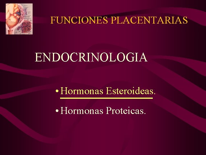 FUNCIONES PLACENTARIAS ENDOCRINOLOGIA • Hormonas Esteroideas. • Hormonas Proteicas. 