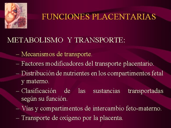 FUNCIONES PLACENTARIAS METABOLISMO Y TRANSPORTE: – Mecanismos de transporte. – Factores modificadores del transporte