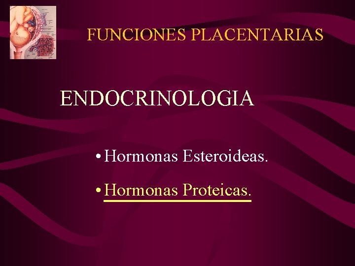FUNCIONES PLACENTARIAS ENDOCRINOLOGIA • Hormonas Esteroideas. • Hormonas Proteicas. 