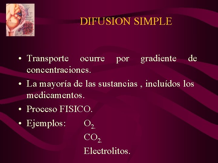 DIFUSION SIMPLE • Transporte ocurre por gradiente de concentraciones. • La mayoría de las