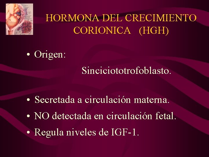 HORMONA DEL CRECIMIENTO CORIONICA (HGH) • Origen: Sinciciototrofoblasto. • Secretada a circulación materna. •