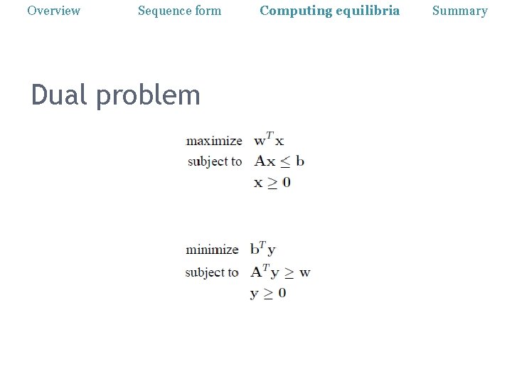 Overview Sequence form Dual problem Computing equilibria Summary 