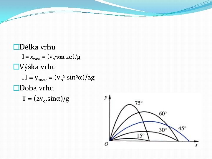 �Délka vrhu l = xmax = (vo 2 sin 2α)/g �Výška vrhu H =