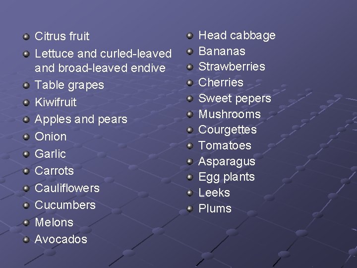 Citrus fruit Lettuce and curled-leaved and broad-leaved endive Table grapes Kiwifruit Apples and pears